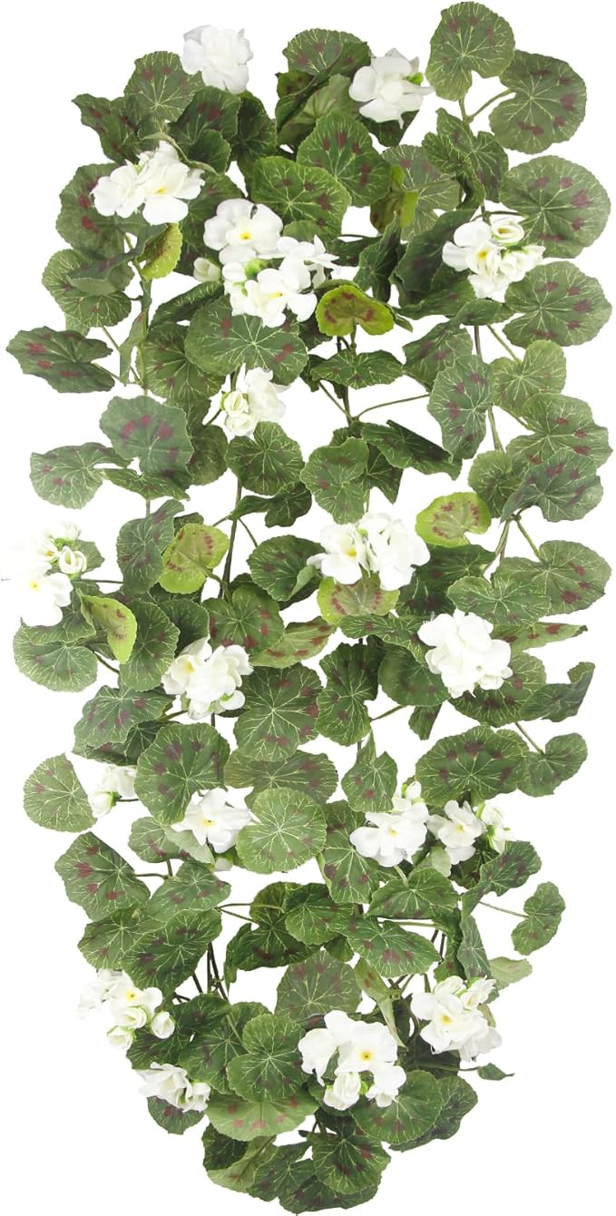 CISDUEO 2 Pcs Spring Summer Flower Garland Geranium Artificial Garland Outdoors White Geranium Artificial Flowers UV Resistant Hanging Basket Floral Garland for Porch Farmhouse Centerpiece Decor