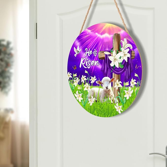 He is Risen Easter Religious Cross Purple Door Sign For Front Door Decor,Christian Lily Flowers Lamb Wooden Sign 12"x 12" Round Spring Sunrise Hanging Door Sign Decoration for Wall Rustic Decor