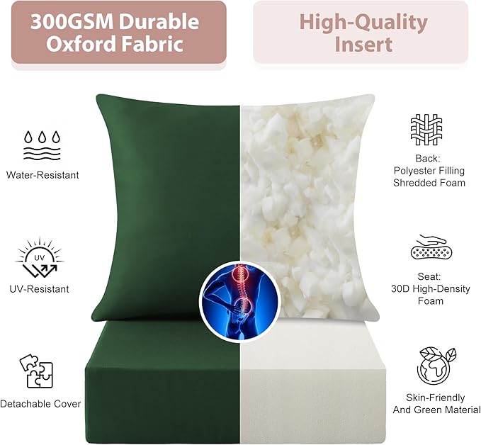 Outdoor Deep Seat Cushion Set, 24x24 Inch Water-Resistant & Fade-Resistant Outdoor Chair Cushions, Patio Furniture Cushions with Removable Cover for Patio Chair, Sofa, Forest Green (Set of 4)