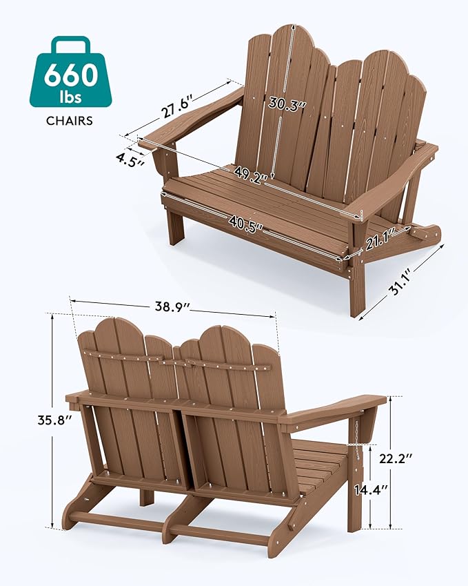 SERWALL Folding Adirondack Bench, HDPE All-Weather Adirondack Loveseat Set of 2, Brown