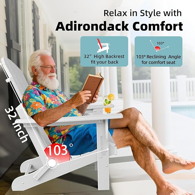 Adirondack Chairs, Folding Adirondack Outdoor Chair with Cup Holder, Wood Texture Fire Pit Chairs for Lawn, Patio Garden and Deck, White