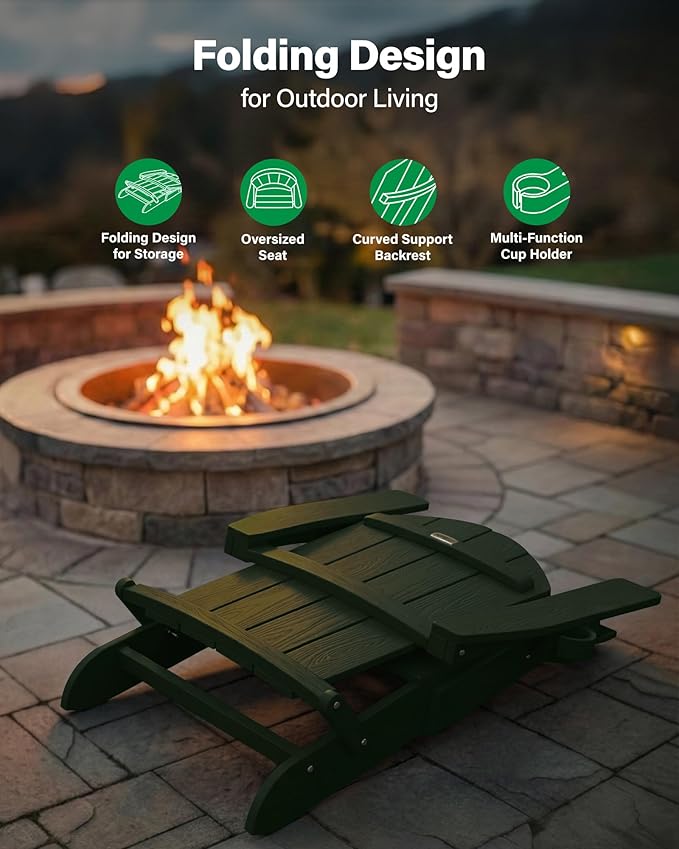 YEFU Adirondack Chair, Oversized Plastic Adirondack Chair Folding Outdoor Chairs with Cup Holder, Lawn Chair with Weather Resistant for Outside Deck Lawn Garden, Weight Capacity Up to 400 Lbs –Green