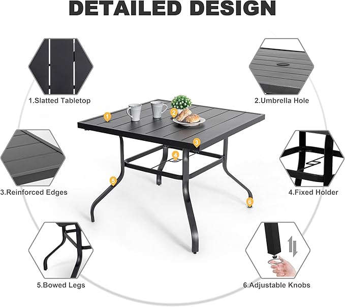 NUU GARDEN 5 Piece Outdoor Dining Set, 4 Textilene Dining Chairs and 37" Square Dining Table with 1.57" Umbrella Hole, for Backyard, Patio, Garden, Gray and Black