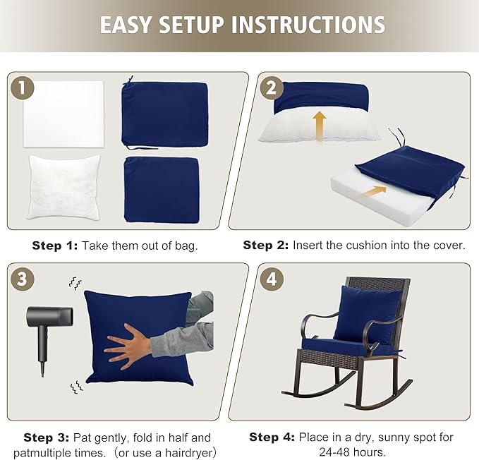 Outdoor Cushions for Patio Furniture, Waterproof Outdoor Chair Cushion w/ Fade-Resistant, Removable & Machine-Washable Cover, 22x22 Inch, Deep Seat Sofa/Couch Pad Replacement – Set of 4, Navy Blue