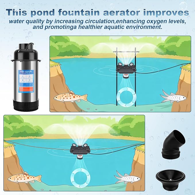 Upgraded Pond Fountain Aerator with 4 Color-Changing Mood Lights, 1HP 750W 110V 15000 GPH, Stainless Steel Body, 100ft Cord & Timer for Ponds & Lakes