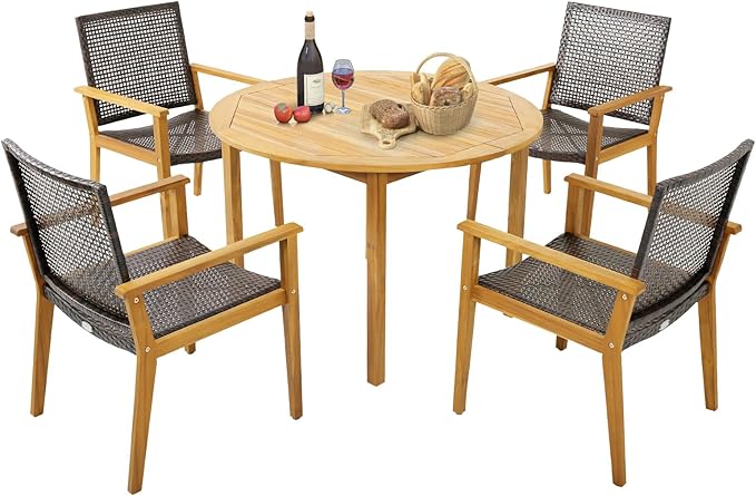 Tangkula 5 Pieces Patio Dining Set, 4 Patio Wicker Armchairs and Round Acacia Wood Dining Table, Outdoor Table and Chairs Set for Backyard, Poolside, Garden