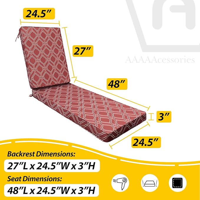 AAAAAcessories Outdoor Chaise Lounge Cushions, Fade-Resistant, Waterproof Patio Furniture Replacement Cushions, 75" x 24.5" x 3", Clay Red Vine Trellis