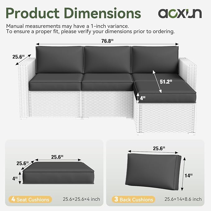 Aoxun Patio Furniture Cushions for Outdoor Furniture Set of 4, Thick Replacement Patio Couch Cushions for Outdoor Furniture, 7-Piece Splashproof Fade Resistant Outdoor Couch Cushions, Grey