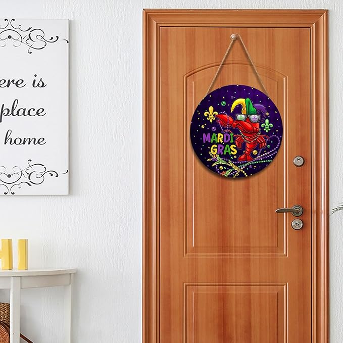 Mardi Gras Carnival Door Sign For Front Door Decor,Purple Yellow Green Mask Wooden Sign 12"x 12" Round Wood Hanging Door Sign Decoration for Wall Rustic Farmhouse Decor