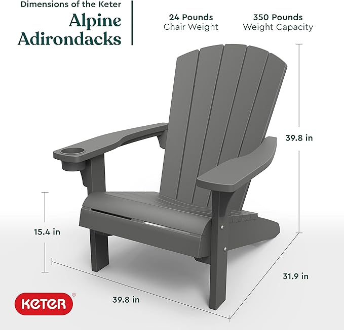 Keter Alpine Adirondack 2 Pack Resin Outdoor Furniture Patio Chairs with Cup Holder-Perfect for Beach, Pool, and Fire Pit Seating, Dark Grey
