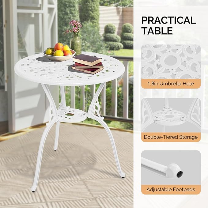 VINGLI 3 PCS Outdoor Bistro Set, Outdoor Patio Set, All-Weather Cast Aluminum Bistro Table Set, Bistro Table and Chairs Set of 2 for Backyard, Garden, Balcony (White, Butterfly)