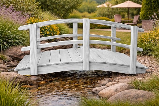 6 FT White Amish Made Garden Bridge with Double Rails for Walkway, Backyard Pond & Landscaping, Outdoor Wooden Footbridge for Koi Pond, Japanese Style Decorative Bridge, Made in USA