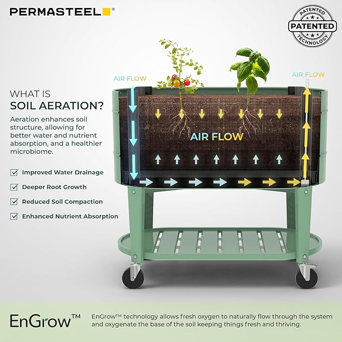 Permasteel Raised Garden Bed with Legs, 40×20×37 in, Planter Box with EnGrow™ TrueSoil™ Technology for Vegetables, Flowers, Herbs, and Fruit, Outdoor Indoor, Storage Shelf, Sage