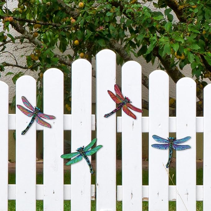 dreamskip Metal Dragonfly Wall Decor Art, 4 Pack Colorful Metal Dragonflies Outdoor Wall Art, Hand Painted Outdoor Wall Decor For Garden, Yard, Fence, Patio, Outside, Living Room Decoration