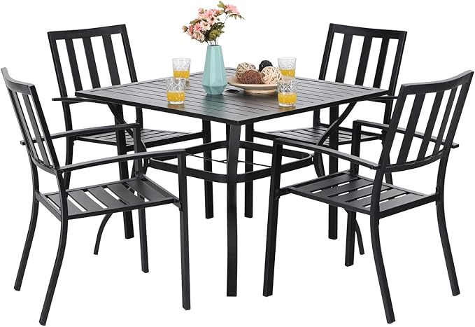 PHI VILLA 5-Piece Metal Patio Outdoor Table and Chairs Dining Set- 37" Square Bistro Table and 4 Backyard Garden Chairs, Table with 1.57" Umbrella Hole