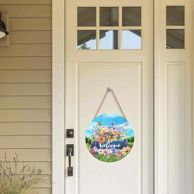 Spring Welcome Door Sign Flower Truck with Retriever Dog Door Hanger Summer Floral Butterfly Decorative Hanging Porch Signs for Wall Outdoor