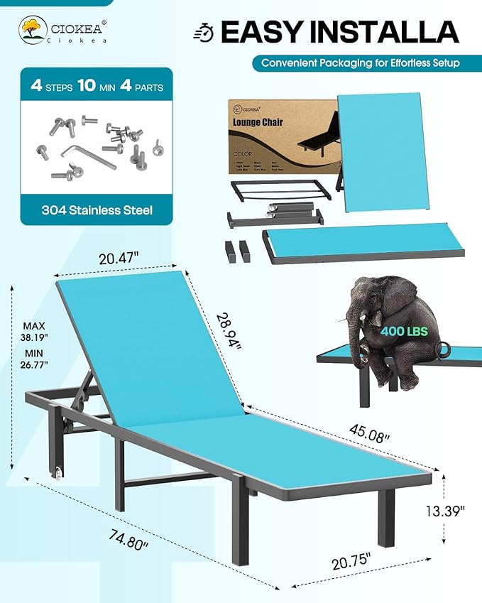 Ciokea Aluminum Chaise Lounge Chair Outdoor with Wheels, Patio Lounge Chair with Adjustable 5-Position Recliner and Full Flat Tanning Chair for Patio, Beach, Pool, Lake Blue