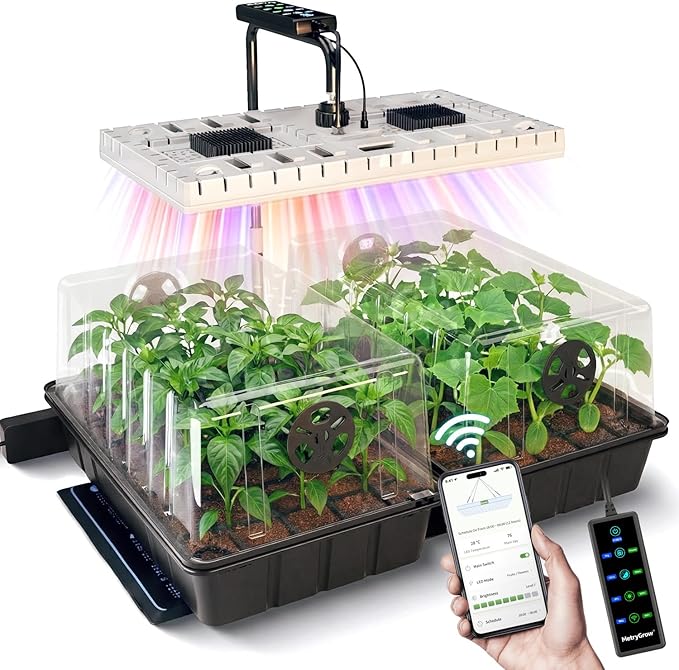 48W Full Spectrum LED Grow Light Seed Starter Kit, 80-Cell Tray with 30W Heating Mat & Adjustable Dome, Waterproof Germination System for Healthy Indoor Seedlings