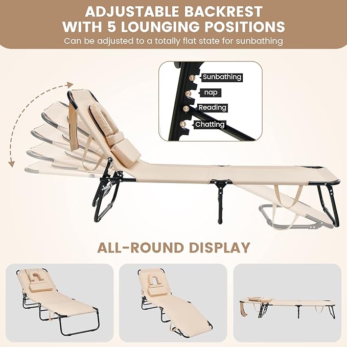 GYMAX Tanning Chair, 350lbs Beach Lounge Chair with Face Hole, Detachable Washable Pillow & Carry Strap, Adjustable Folding Chaise Lounge, Layout Chair for Outside, Patio, Poolside, Lawn (1, Beige)