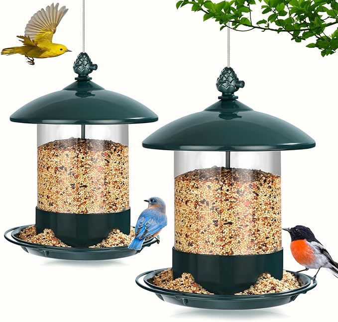 Metal Bird Feeders for Outdoors Hanging, Weather Resistant Wild Bird Feeder with 360 Degree Feeding Tray, Green, 2 Pack