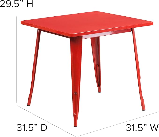 EMMA + OLIVER Commercial Grade 31.5" Square Red Metal Indoor-Outdoor Table Set-4 Stack Chairs