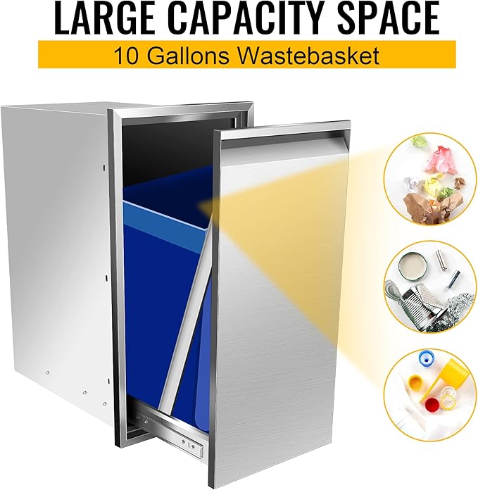 Built-in Single Trash Drawer 14" W x 27" H x 20" D, Pull-Out Tray Outdoor Kitchen Stainless Steel Trash Drawer Storage One Trash Bin for BBQ Island Grill Station