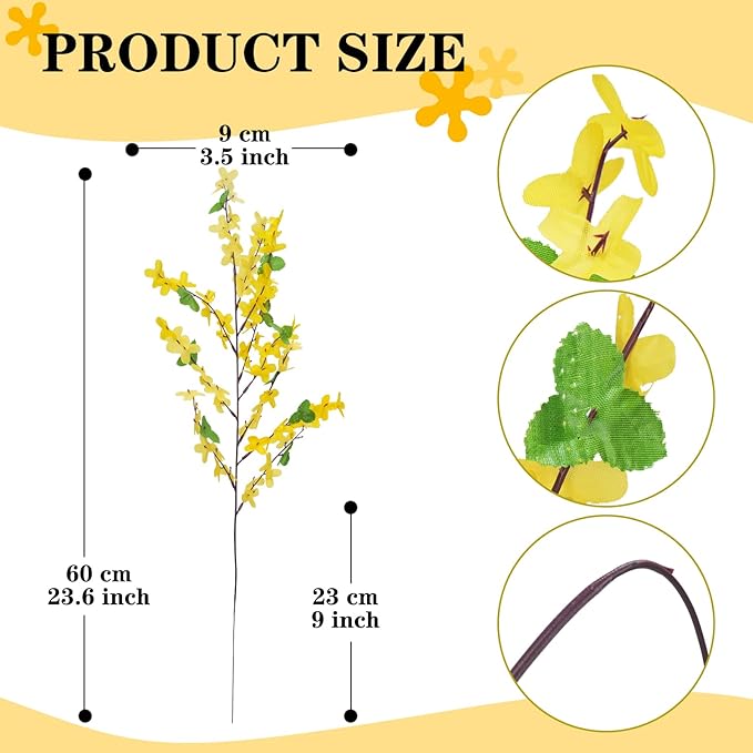 12Pcs Artificial Forsythia Branches: 23.6" Silk Yellow Flowers Faux Forsythia Branches Fake Spring Flowers Artificial for Decoration Wedding Office Home Party Dining Table Vase Indoor Outdoor