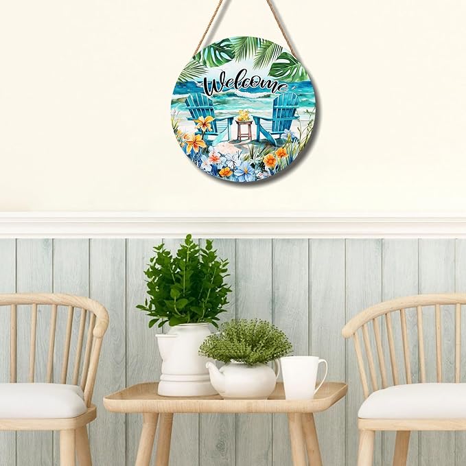 Welcome Sea Chair Front Door Sign 12 X 12 Inches Summer Door Hanger Wall Pediment Round Wooden Beach Wreaths for Front Door, Farmhouse Summer Welcome Wall Hanging