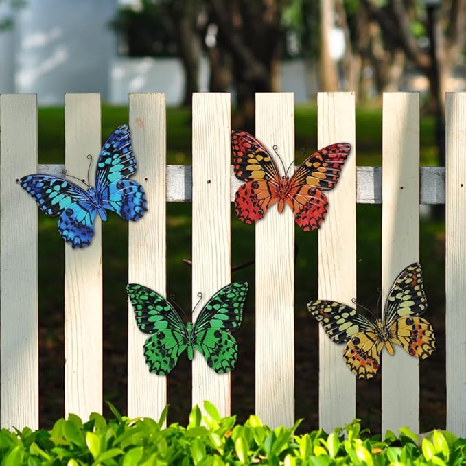 4 Pcs Butterfly Wall Decor Art, Butterflies Outdoor Metal Wall Art with Vivid Pattern, Hand Painted Outdoor Garden Yard Fence Patio Decor Gift for Women Mom