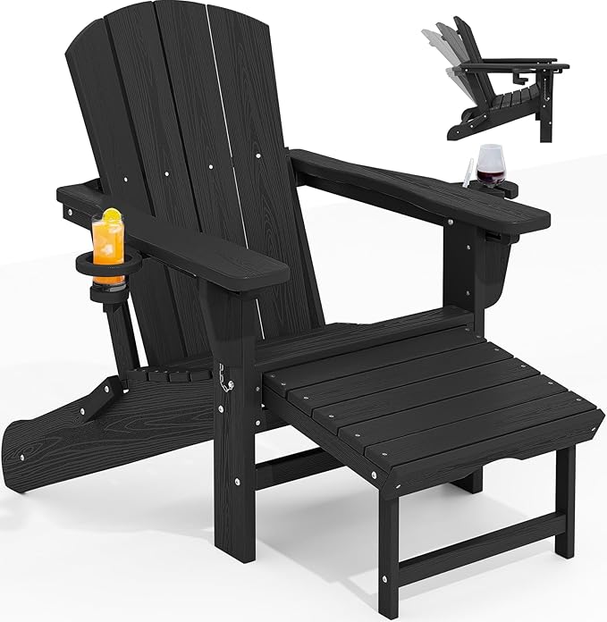 KINGYES Folding Adjustable Adirondack Chair with Retractable Ottoman, HDPE Recliner Adirondack Chair with Cup Holder, Black