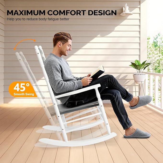 VINGLI Wooden Rocking Chair Outdoor, Patio Rockers with High Back, Support 450 LBS Rocking Chairs, for Porch, Patio, Balcony, Garden, Yard (White&Grey, 1 PC)