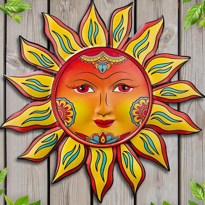 Metal Sun Flower Wall Decor - 13 inches Sun Wall Art Hanging Decorations for Outdoor, Home Garden Yard Patio Fence Bedroom Decor, Gifts for Mom Friends
