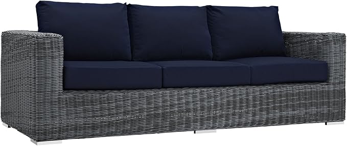 Modway EEI-1874-GRY-NAV Summon Wicker Rattan Outdoor Patio Sofa with Sunbrella Fabric Cushions, Canvas Navy