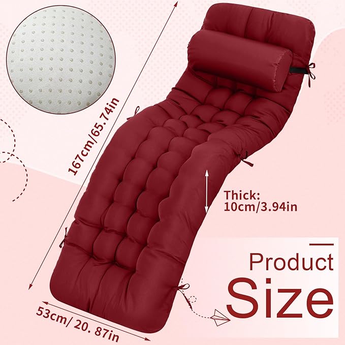 Tudomro 66'' Outdoor Chaise Lounge Cushion Waterproof Patio Lawn Pool Chaise Lounge Cushion with Headrest Pillow & Ties Weather Fade Resistant Replacement Longue Chair Pad