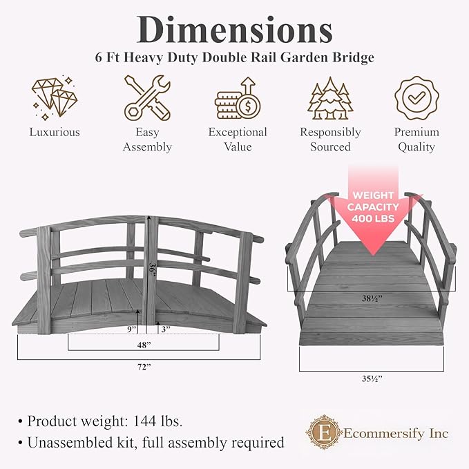 6 FT Grey Amish Made Garden Bridge with Double Rails for Walkway, Backyard Pond & Landscaping, Outdoor Wooden Footbridge for Koi Pond, Japanese Style Decorative Bridge, Made in USA