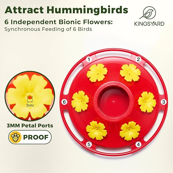 Kingsyard Glass Hummingbird Feeder for Outdoors Hanging - 6 Bee Guard Feeding Ports & Built-in Ant Moat, Wild Bird Feeder for Outside Garden Yard Patio 14 Oz, Updated Red