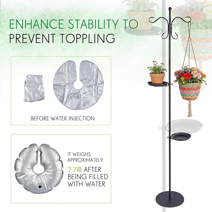 1 Set 75.9" Shepherd's Hook Stand for Bird Feeder, Hanging Plant, Wind Chime, Waterproof Metal & Adjustable Standing Pole Holder for Indoor Outdoor, with 2 Rack & Weight Bag (2 Hooks)