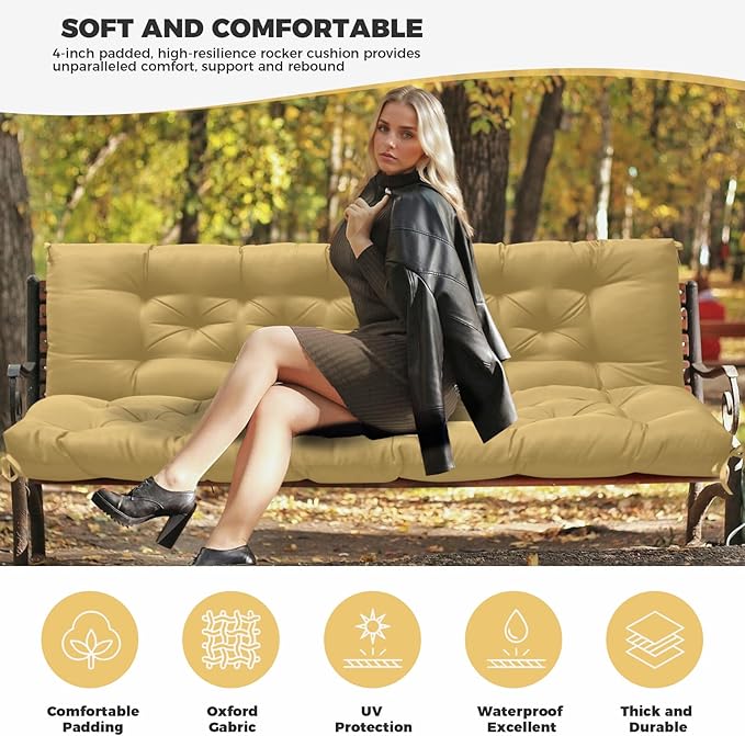 Porch Swing Cushions, Waterproof Swing Cushions Replacement with Backrest, Outdoor Swing Bench Cushions 2-3 Seater Replacement for Patio Furniture (Khaki, 60''×40'')