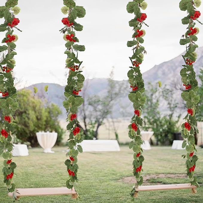 CISDUEO 2 Pcs Spring Summer Flower Garland Geranium Artificial Garland Outdoors Red Geranium Outdoor Artificial Flowers UV Resistant Hanging Basket Floral Garland for Porch Farmhouse Centerpiece Decor
