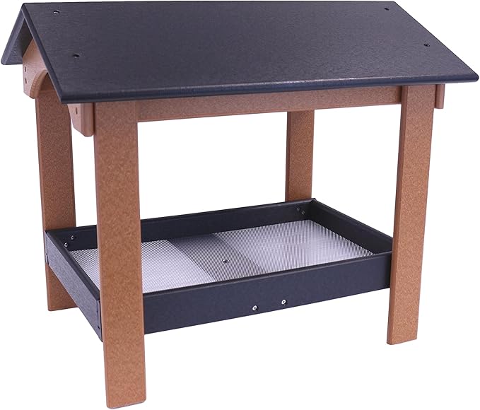AmishToyBox.com Ground Bird Feeder, Deluxe Fly-Through Covered Feeder for Birds and Squirrels with Screen Mesh Tray (Black/Cedar)
