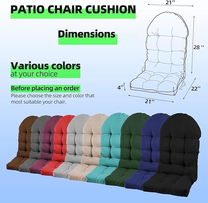 Outdoor Adirondack Chair Cushions Set of 2, 50x21x4 Inch Rocking Chair Cushion, High Back Patio Soft Seat Pad with Ties, Indoor Outside Use, Fade-Resistant & Waterproof, Lake Blue