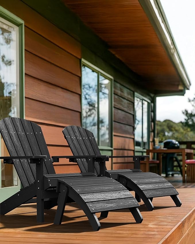 YEFU Adirondack Chairs Set of 2: Outdoor Chair HIPS Plastic Adirondack Chairs - Patio Chairs with Wood Texture - Lawn Fire Pit Deck Porch Garden Chairs for Adults (Black)