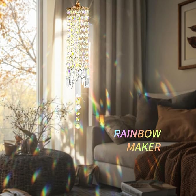 Crystal Wind Chimes for Outside with Rainbow Light Reflections Glass Bells and Rose Gold Alloy Hooks Indoor Outdoor Decor for Home Garden Patio Porch Birthday House Warming (Colorful)