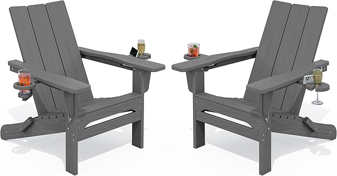 SERWALL Outdoor HDPE Adirondack Chair Set 2，Folding Adirondack Chair with Cup Holders, All Weather Resistant Modern Adirondack Chair, Gray