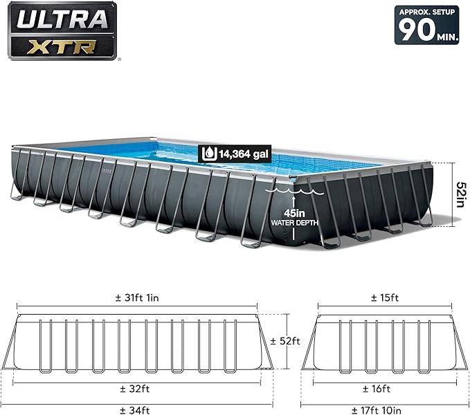 INTEX 26373EH Ultra XTR 32ft x 16ft x 52in Above Ground Swimming Pool Set with Sand Filter Pump and Deluxe Maintenance Cleaning Kit