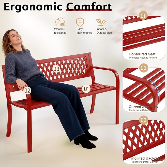 Outvita Outdoor Bench, 47" Iron Steel Frame Garden Bench with Mesh Pattern and Plastic Backrest Armrests, Patio Bench for Garden Park Yard Front Porch Patio, Red
