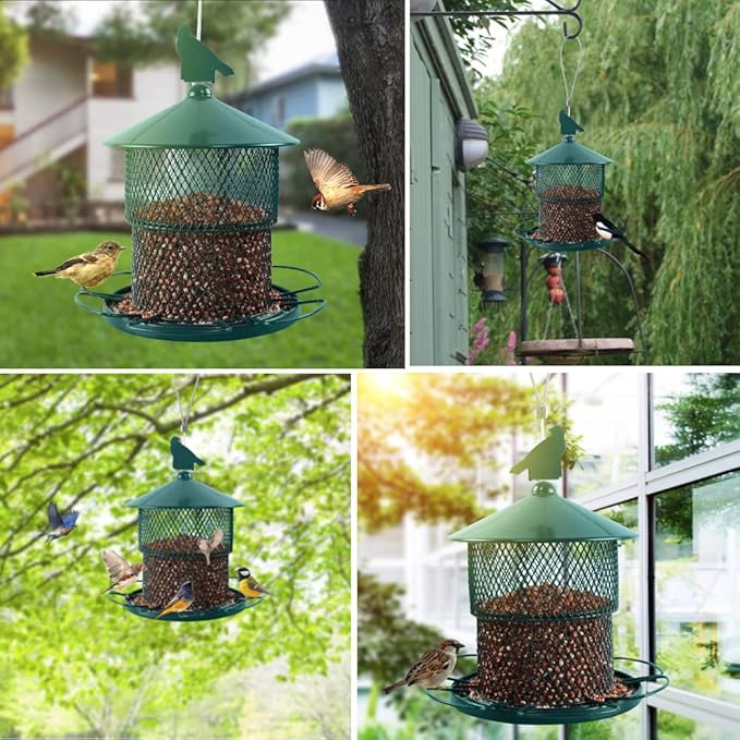 Metal Bird Feeder for Outside, Hanging Bird Feeders Squirrel Proof, 4 Lbs Capacity Iron Mesh Durable Wild Outdoor Birdfeeder with 6 Perches for Finch Cardinals,Gifts for Birds Lovers- Green