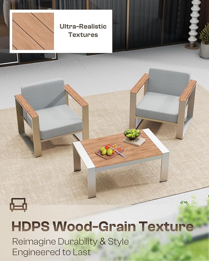 Outdoor Furniture Set, 4 Piece Aluminum Patio Furniture Set with Wide Seat and Thick Cushions, Modern Outdoor Patio Conversation Sets for Deck, Porch (Teak-Gray)