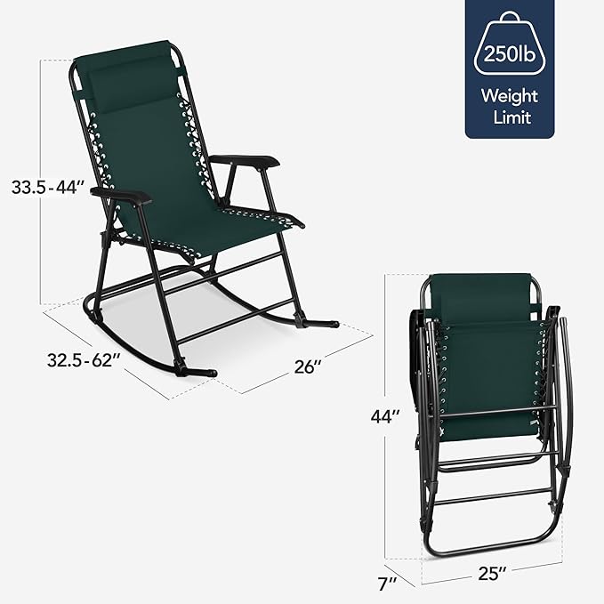 Best Choice Products Outdoor Folding Rocking Chair, Zero Gravity Lounge Chair, Patio Rocker w/Headrest Pillow - Forest Green