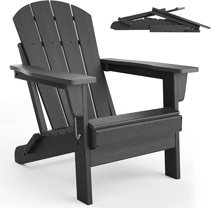 GarveeLife Folding Adirondack Chairs Set of 4, HDPE Plastic Outdoor Chairs with Wood Texture - 380 LBS & Weather Resistant for Fire Pit, Deck, Patio, Pool, Backyard - Black
